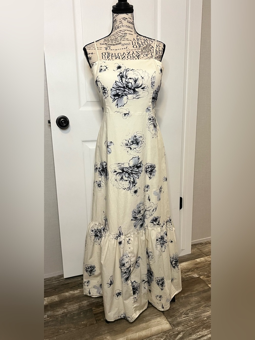 Express Cream Maxi Dress with Blue & Black Floral Print